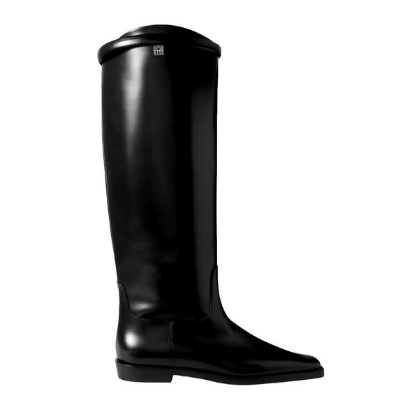 AUTHENTIC Toteme 9.5 Leather Riding Boot Square Toe Pull On Shiny Black EU40 UK7 - Picture 2 of 13